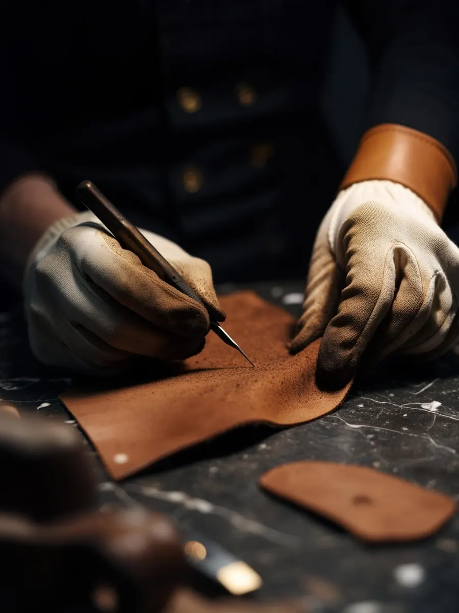 Mains d'artisan travaillant le cuir dans l'atelier ICHOR.