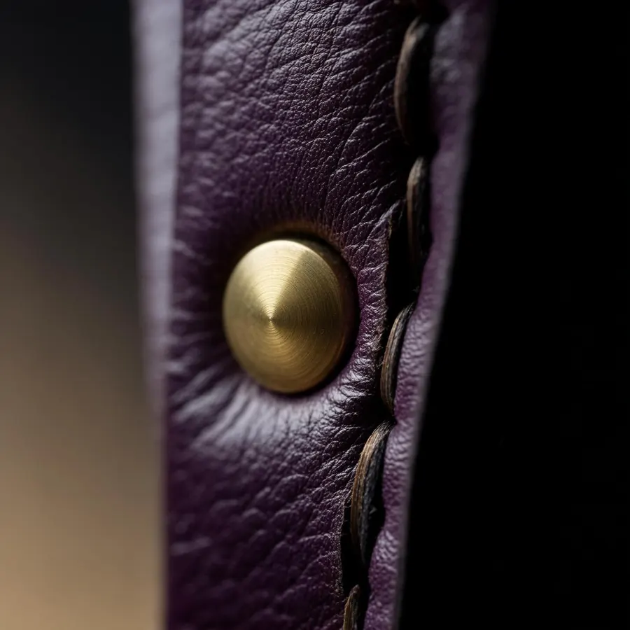 Macro d'un rivet laiton posé à la main sur cuir prune.